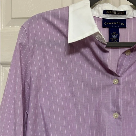 Charter Club Lavender Button-Down Shirt with White Pin Stripes Y2K Cotton Hi-Lo - Picture 3 of 14
